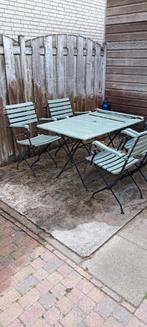 Brocante Bistro tuinset gietijzer   (tafel met 4 stoelen), Tuin en Terras, Tuinsets en Loungesets, Ophalen, Gebruikt, Hout, 4 zitplaatsen