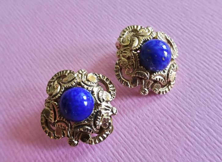 jwg Vintage 40s 60s lapis lazuli glas oorbellen goud blauw, Sieraden, Tassen en Uiterlijk, Antieke sieraden, Oorbellen, Overige materialen