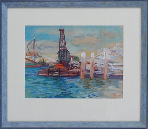 Jannes de Vries (1901-1986), Gezicht op haven Vlieland, Antiek en Kunst, Kunst | Schilderijen | Klassiek, Ophalen of Verzenden