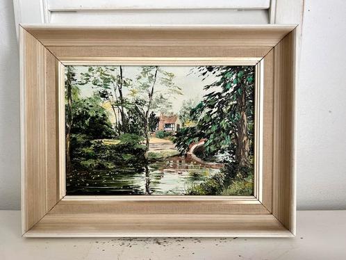 Vintage olieverf schilderijtje huis in landschap, Antiek en Kunst, Kunst | Schilderijen | Klassiek, Ophalen