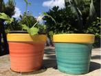 Leuke vintage jaren’60 bloempotten kleurrijk sier planten, Tuin en Terras, Bloempotten, Rond, Ophalen of Verzenden, Zo goed als nieuw