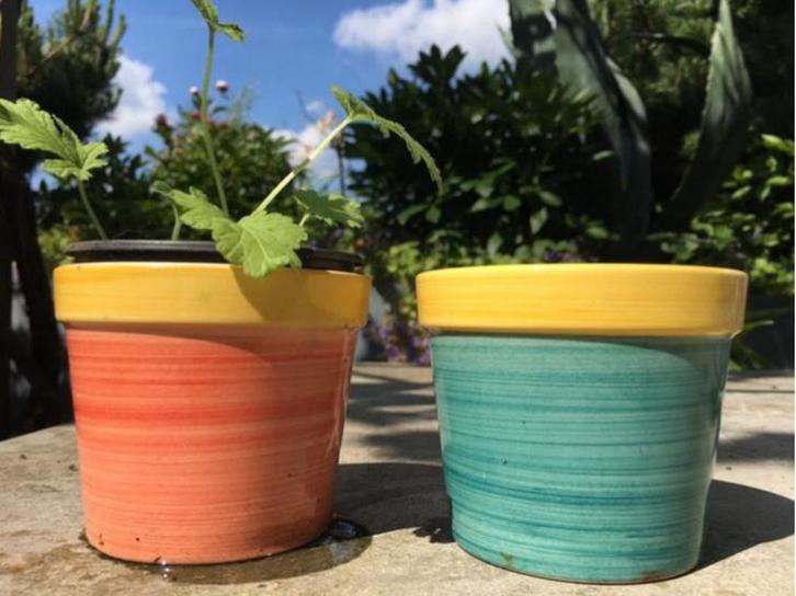 Leuke vintage jaren’60 bloempotten kleurrijk sier planten, Tuin en Terras, Bloempotten, Zo goed als nieuw, Minder dan 40 cm, Minder dan 25 cm