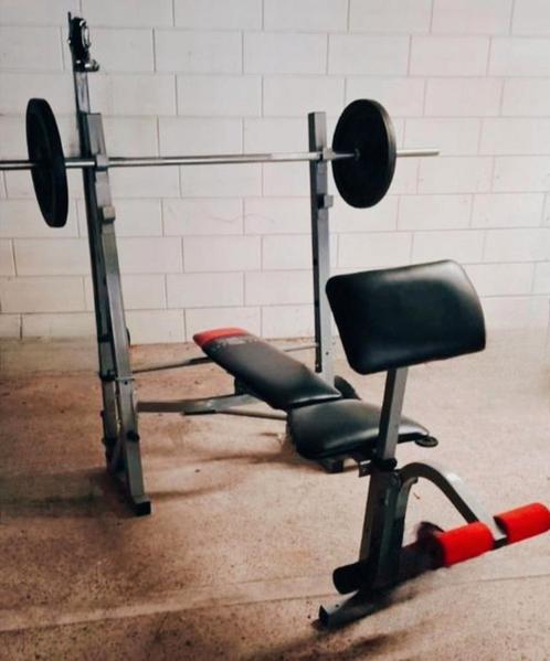Verstelbare Benchpress Bench, halterstang & 2x 10kg schijven, Sport en Fitness, Fitnessmaterialen, Gebruikt, Fitnessbank, Armen