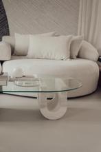 Prachtige travertin salontafel met glasplaat Lari, Ophalen, Japandi, 50 tot 100 cm, 100 tot 150 cm