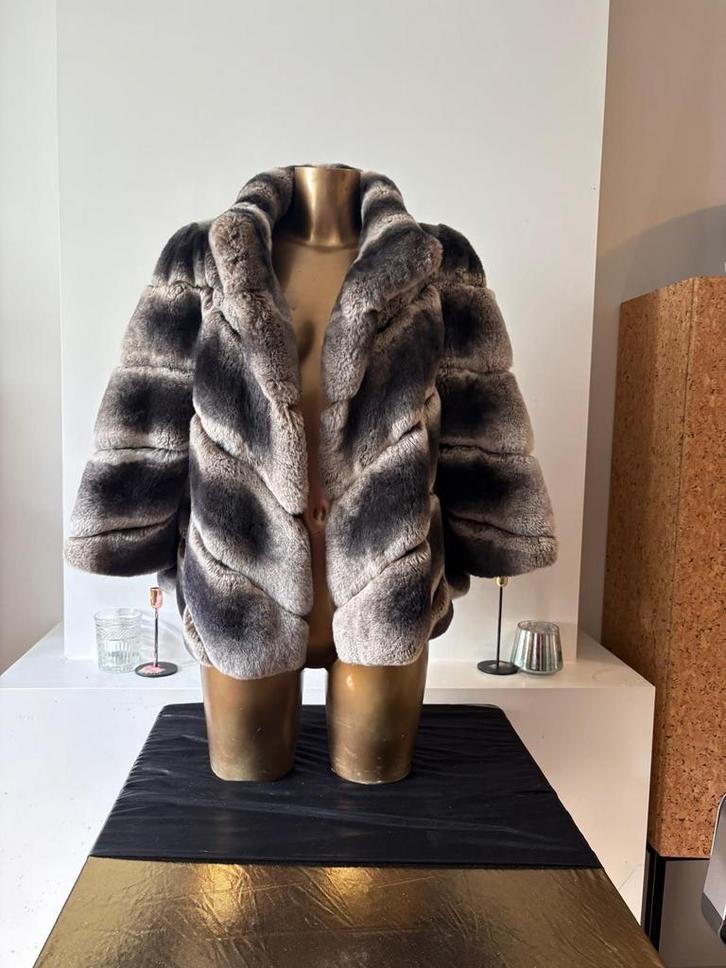 Yves Salomon bontjas – 100% Rex konijn (Harrods), Kleding | Dames, Jassen | Winter, Zo goed als nieuw, Maat 36 (S), Grijs, Verzenden