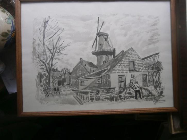Schiedam, Vellevest, Grijstinten aquarel in lijstje, Antiek en Kunst, Kunst | Schilderijen | Klassiek, Ophalen