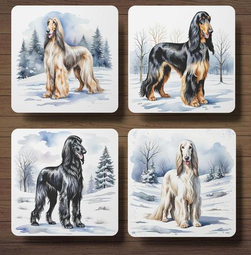 Afghaanse Windhond Winter onderzetters met houder, Huis en Inrichting, Woonaccessoires | Onderzetters, Nieuw, Glas of Kopje, Ophalen of Verzenden