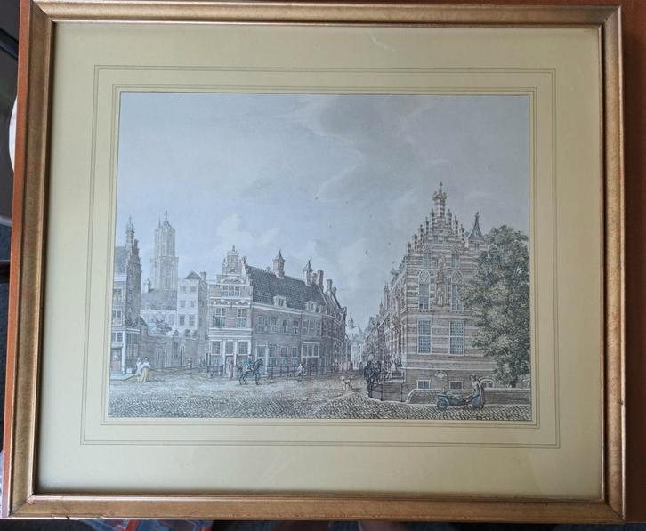 Gravure van het Paushuize aan het Pausdam in Utrecht., Antiek en Kunst, Kunst | Etsen en Gravures, Ophalen