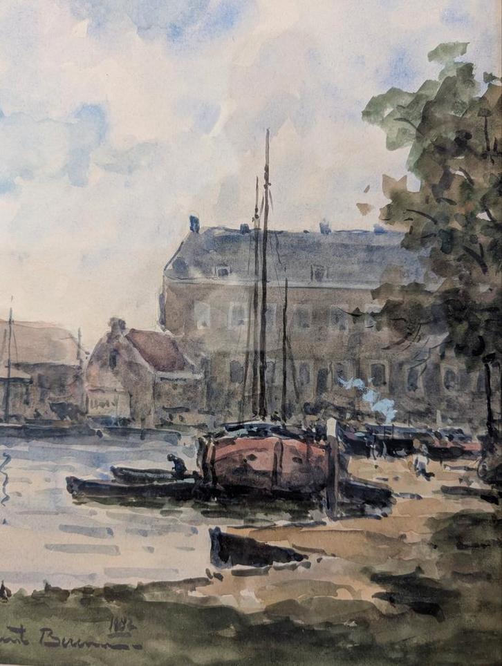 Aquarel Haven door Clement Bezemer, Antiek en Kunst, Kunst | Tekeningen en Foto's, Ophalen of Verzenden
