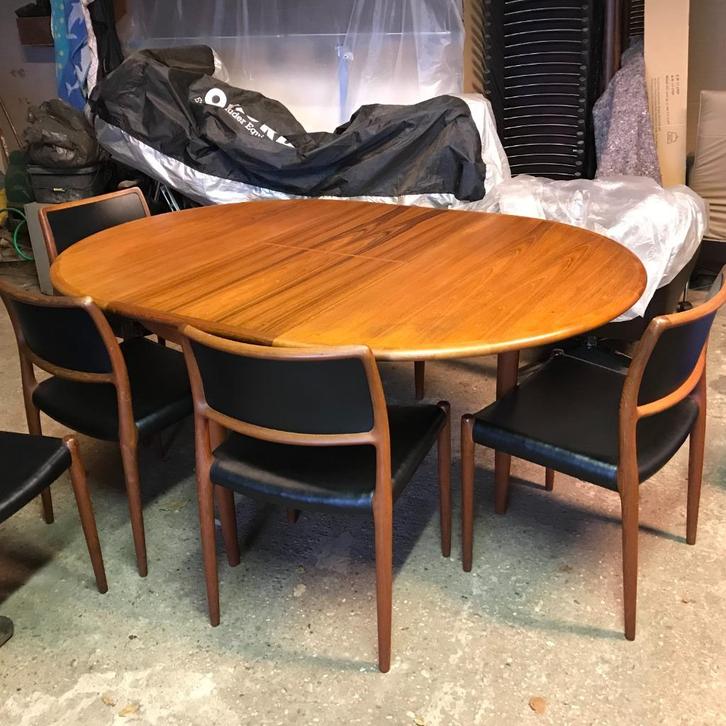 6 N.O. Moller 80 stoelen stoel uitschuifbare tafel 15 Deens, Huis en Inrichting, Stoelen, Gebruikt, Bruin, Ophalen