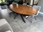 Eettafel ovaal - hout en staal, Huis en Inrichting, Ophalen, 100 tot 150 cm, Teakhout, 200 cm of meer
