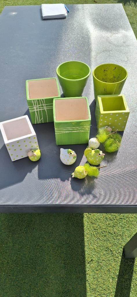 Leuke set groene bloempotten 6 stuks, Tuin en Terras, Bloempotten, Gebruikt, Aardewerk, Binnen, Minder dan 25 cm, Vierkant, Ophalen of Verzenden