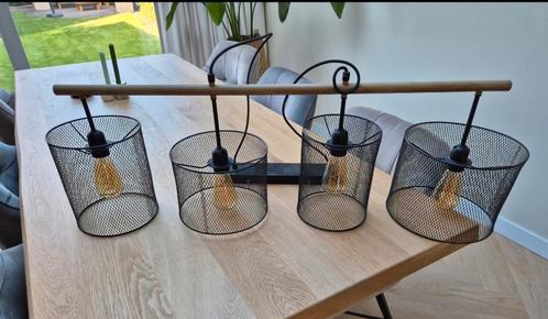 Zwart houten industriële hanglamp incl 4x E27 lichtbron, Huis en Inrichting, Lampen | Hanglampen, Zo goed als nieuw, 75 cm of meer