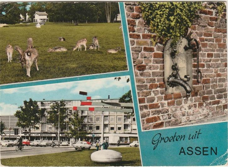 ASSEN Hertenkamp Winkelcentrum pomp Groeten, Verzamelen, Ansichtkaarten | Nederland, Gelopen, Drenthe, 1940 tot 1960, Verzenden