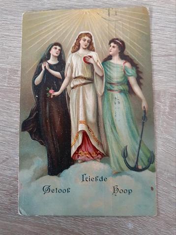 Antieke relief ansichtkaart 1909 Geloof Hoop en Liefde beschikbaar voor biedingen