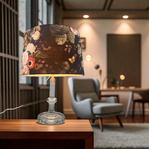 Vintage gebloemde tafellamp met glazen voet, Huis en Inrichting, Lampen | Tafellampen, Minder dan 50 cm, Glas, Ophalen
