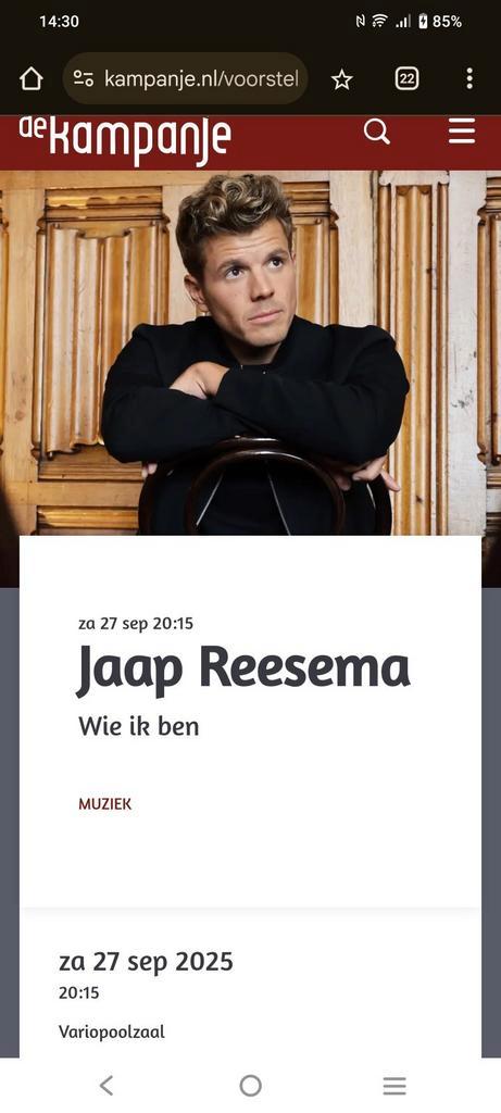 2 kaartjes Jaap Reesema 27 september den Helder Kampanje, Tickets en Kaartjes, Concerten | Nederlandstalig, Twee personen, September