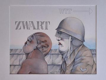 mixed media schilderij Hilbrand Bruijning kunst en apartheid beschikbaar voor biedingen