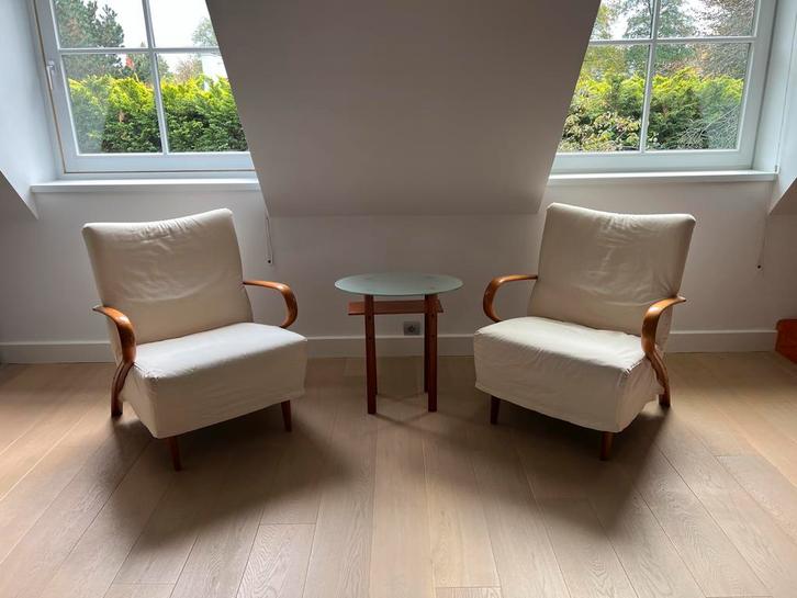 Twee Fauteuils + Tafeltje - Minotti, Huis en Inrichting, Stoelen, Gebruikt, Twee, Stof, Wit, Ophalen