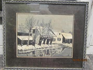 Mooie Winterse AQAREL met Berken met Monogram en '34.  beschikbaar voor biedingen