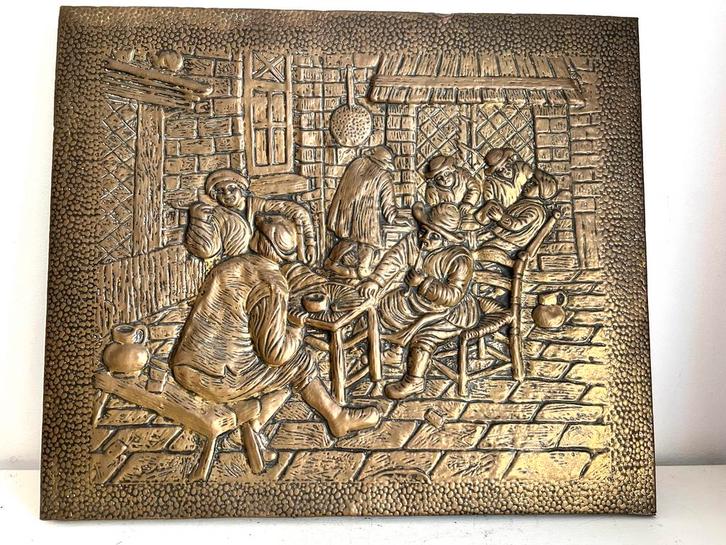 Antiek latoen koper schilderij met taveerne scene 54x47, Antiek en Kunst, Antiek | Woonaccessoires, Ophalen