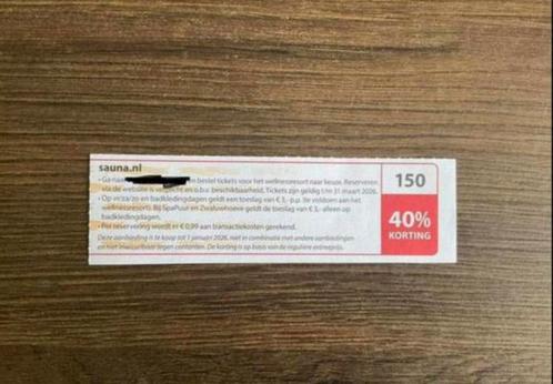 Kortingsbonnen (40%) in omschrijving de sauna’s (KWF), Tickets en Kaartjes, Kortingen en Cadeaubonnen, Twee personen, Spa of Sauna