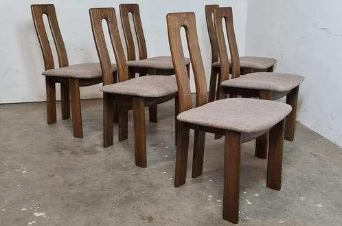 Brutalist eetkamerstoelen, Huis en Inrichting, Stoelen, Gebruikt, Vier, Hout, Stof, Bruin, Ophalen