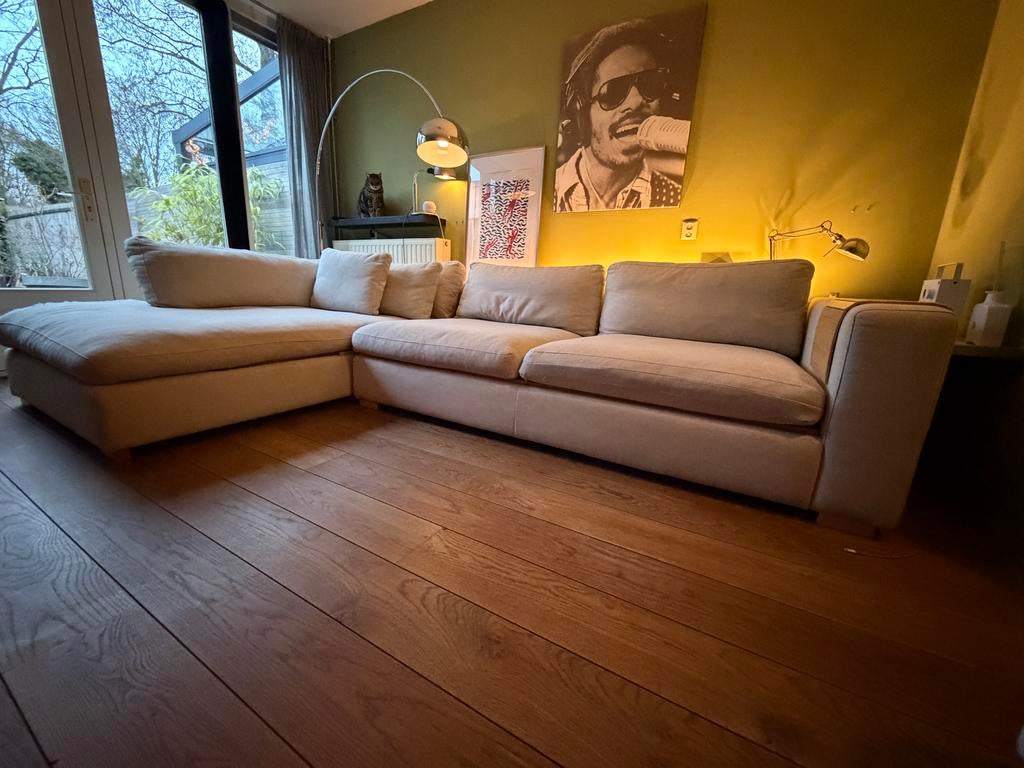 Ecru lounge hoekbank van Woonexpress Wemeldinge, Gebruikt, Hoekbank, 300 cm of meer, 75 tot 100 cm