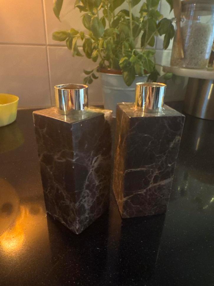 Marmer & Gouden Kandelaars - Set van 2, Huis en Inrichting, Woonaccessoires | Kandelaars en Kaarsen, Zo goed als nieuw, Kandelaar