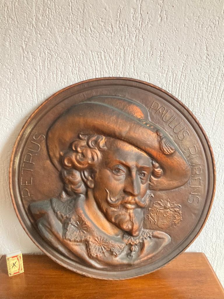 Rubens koper brons groot rond koperen wandbord met reliëf, Ophalen of Verzenden