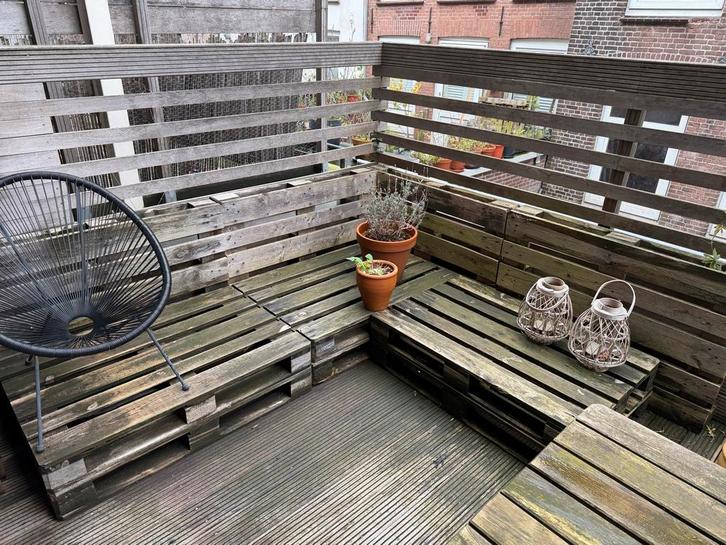 palletbank  met kussen, Tuin en Terras, Tuinbanken, Gebruikt, Hout, Schommelbank, Ophalen of Verzenden