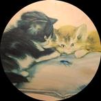 Grote grappige oude poezen prent achter glas. Vliegen vangen, Antiek en Kunst, Ophalen of Verzenden