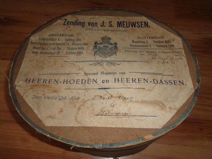 Hoedendoos antiek 1916 J.S. Meuwsen, Antiek en Kunst, Curiosa en Brocante, Verzenden