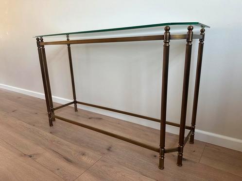 Messing en glazen console tafel – Hollywood Regency stijl, Huis en Inrichting, Tafels | Sidetables, Zo goed als nieuw, 25 tot 50 cm