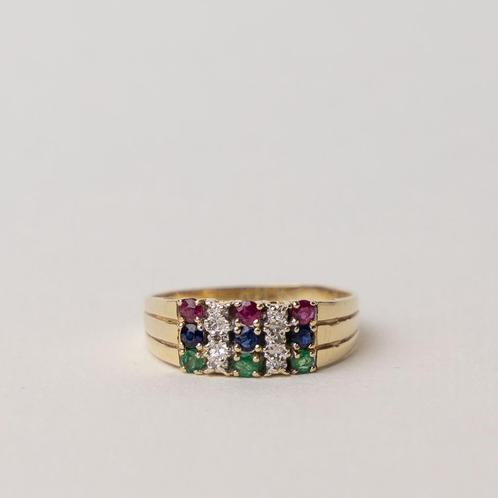 vintage 14 karaat gouden ring robijn smaragd diamant saffier, Sieraden, Tassen en Uiterlijk, Ringen, Verzenden
