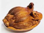 Houten Netsuke van 2 muizen op een schaal met mais, Antiek en Kunst, Ophalen of Verzenden