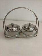 Verzilverde jampot honing suiker hagelslag glas houder, Antiek en Kunst, Ophalen of Verzenden, Zilver