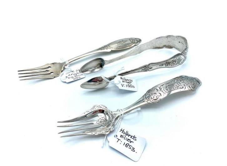 Lot hollands zilver compotevorken en suikertang, 19e eeuw., Antiek en Kunst, Antiek | Goud en Zilver, Zilver, Ophalen of Verzenden