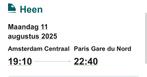 Treinticket AMS-PARIJS 11/8, Tickets en Kaartjes, Eén persoon, Trein, Met bestemming of datum