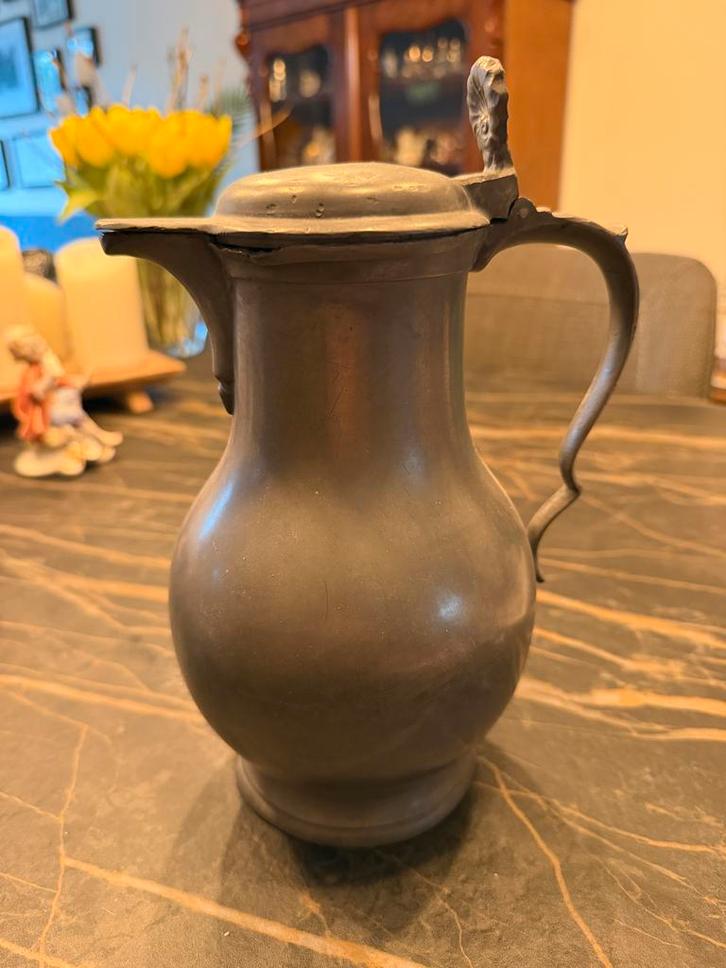 Antieke Franse Tinnen Wijnkan met Deksel, Antiek en Kunst, Antiek | Tin, Ophalen of Verzenden