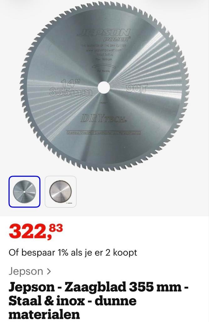 Jepson Cirkelzaagblad 355mm voor metaal, staal & inox, Ophalen of Verzenden, Nieuw, Cirkelzaag