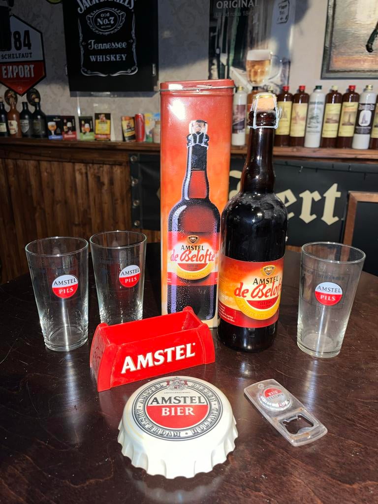 Amstel de Belofte set: fles, blik, glazen, viltjes en opener, Verzamelen, Biermerken, Ophalen of Verzenden, Zo goed als nieuw
