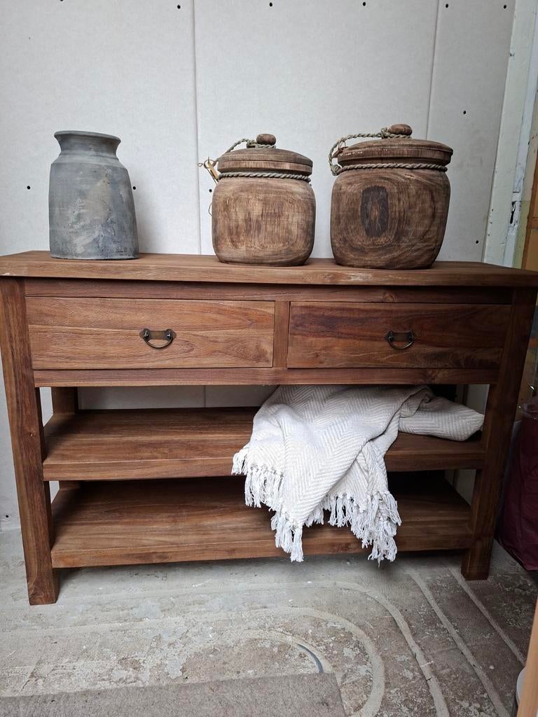 Sidetable/Dressoir van Teakhout - Natuurlijke Uitstraling, Ophalen, Met plank(en), Gebruikt, 100 tot 150 cm