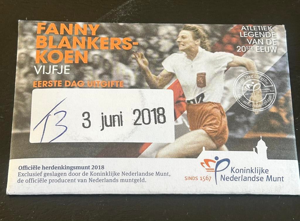 Coincard eerste dag uitgifte Fanny Blankers-Koen vijfje, Postzegels en Munten, Munten | Nederland, Verzenden, Koningin Beatrix