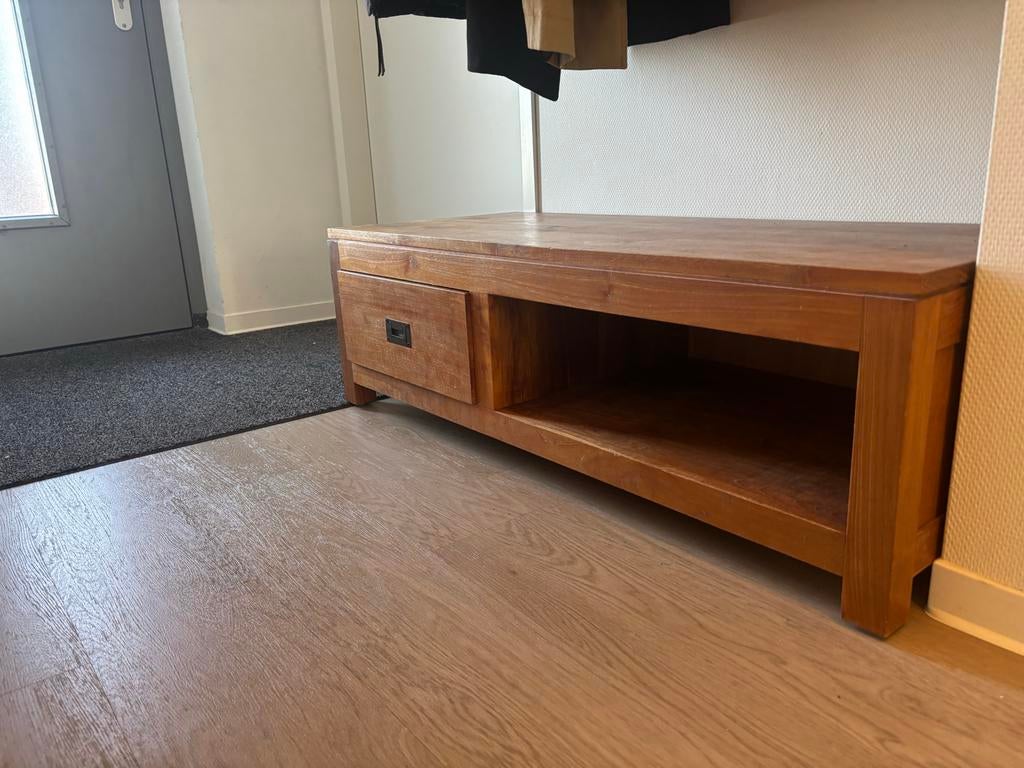 Houten TV meubel 1.60m met lade en open vak, Ophalen, Gebruikt, 150 tot 200 cm, Minder dan 100 cm