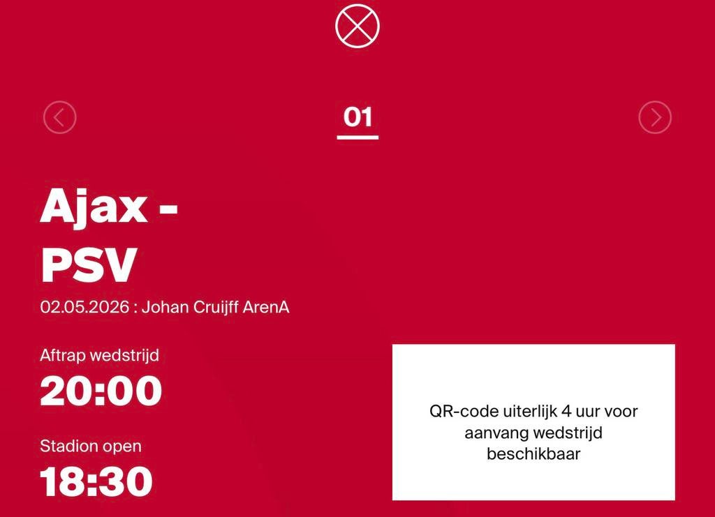 1 kaartje Ajax - PSV vak 424, Tickets en Kaartjes, Eén persoon, Februari