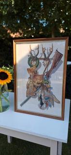 Vintage Engels borduurwerk in houten lijst, jacht tafereel,, Minder dan 50 cm, Gebruikt, Vintage, Ophalen of Verzenden