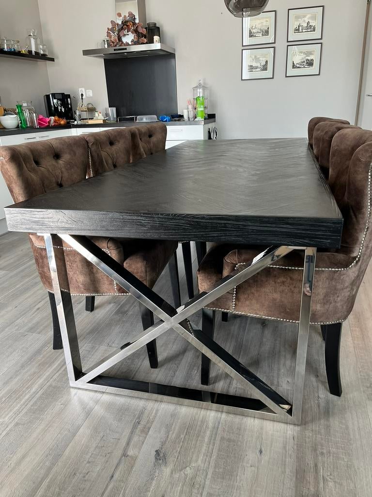 Eettafel zwart/zilver (visgraat) - 240 cm, Huis en Inrichting, Tafels | Eettafels, Ophalen, 200 cm of meer, 50 tot 100 cm, Zo goed als nieuw