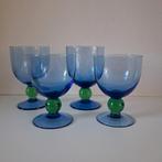 4 handgeblazen glazen met blauw en groen, Ophalen of Verzenden