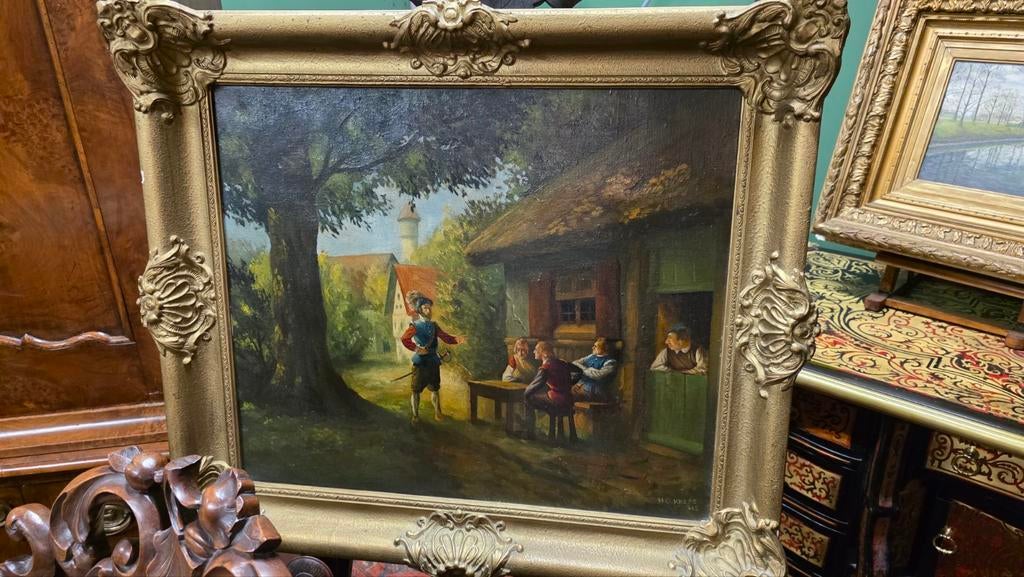 Romantisch schilderij met bladgouden lijst, Antiek en Kunst, Kunst | Schilderijen | Klassiek, Ophalen of Verzenden
